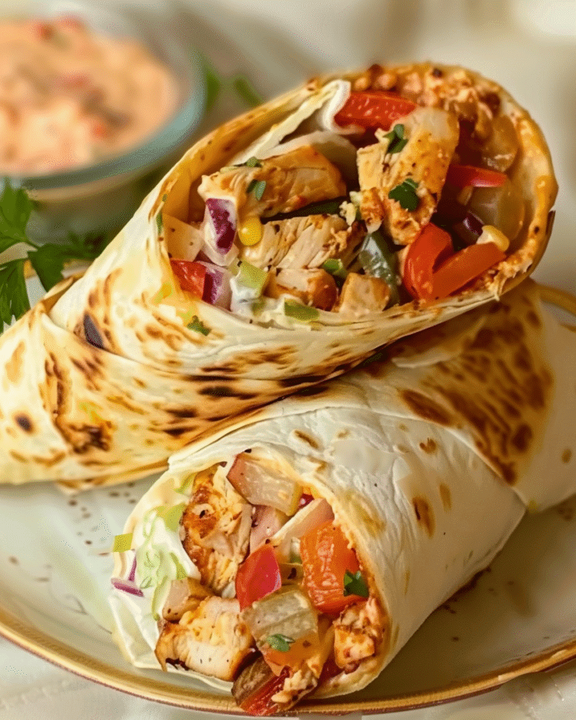 Close-up of two grilled chicken shawarma wraps filled with vegetables and drizzled with creamy garlic sauce.