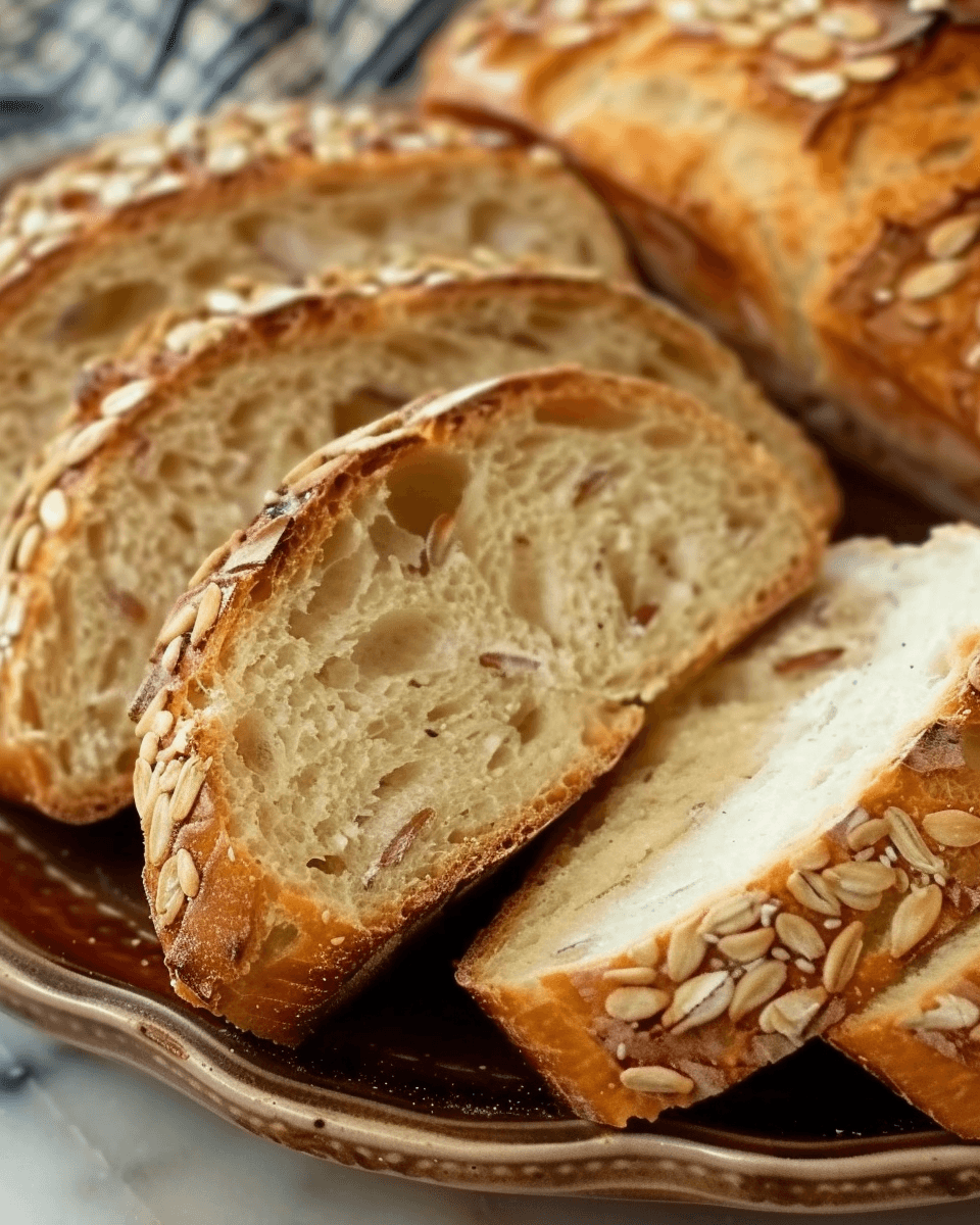 Sliced artisan bread with a golden crust and seeded topping, showing a light, airy crumb and sunflower seeds throughout.