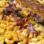 Close-up of cheesy macaroni topped with shredded brisket and chopped herbs, served in a taco-style presentation.