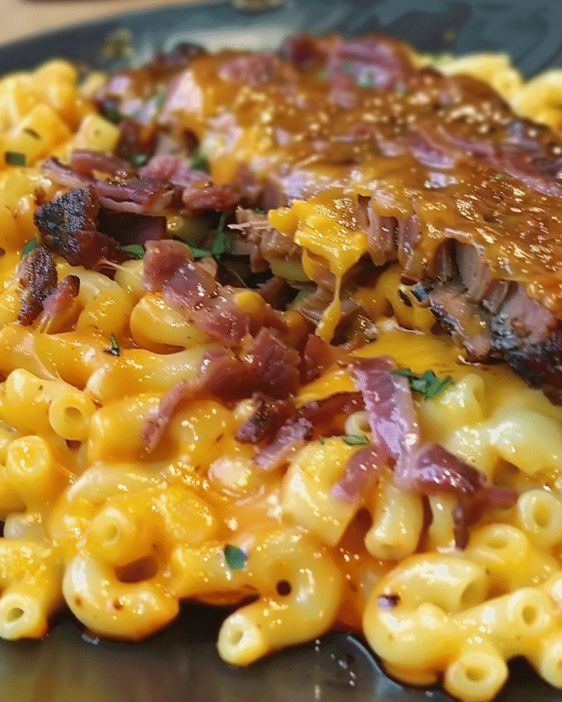 Close-up of cheesy macaroni topped with shredded brisket and chopped herbs, served in a taco-style presentation.