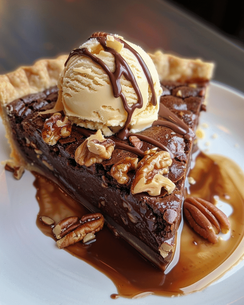 Slice of brownie pecan pie topped with vanilla ice cream, drizzled with chocolate and caramel sauce, and garnished with pecans and walnuts.