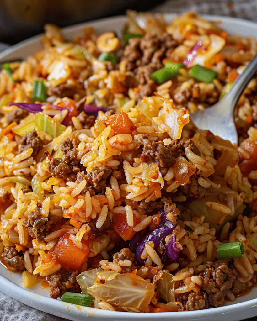 Close-up of Cajun-style rice dish with ground beef, cabbage, bell peppers, tomatoes, and spices on a white plate.