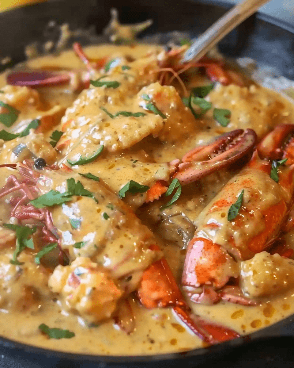 Lobster claws and tail meat in a thick, creamy Cajun sauce, garnished with chopped parsley in a cast-iron skillet.