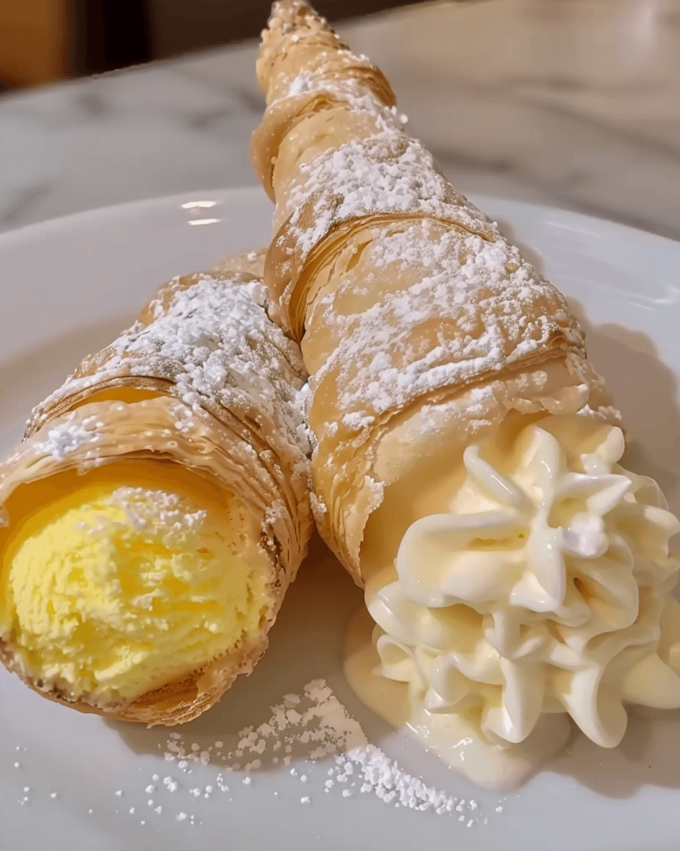 Two flaky pastry cone cannoli filled with creamy custard and whipped cream, dusted with powdered sugar on a white plate.