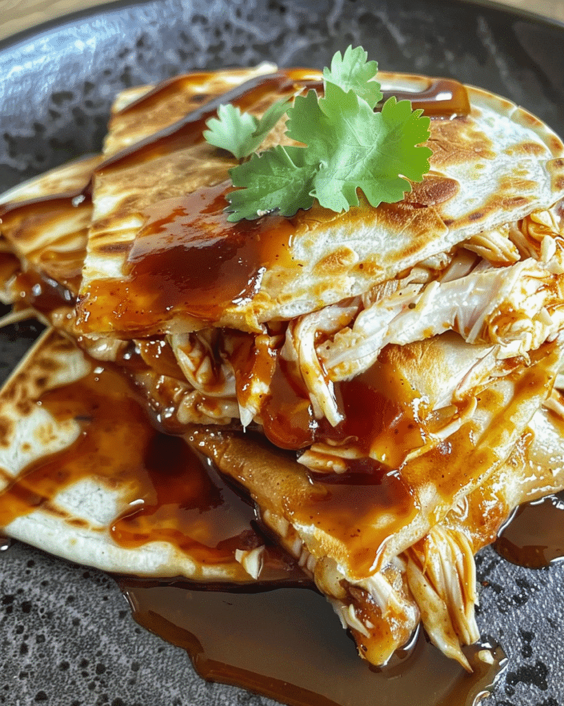 Stacked cheesy BBQ chicken quesadilla slices topped with fresh cilantro and drizzled generously with barbecue sauce on a dark plate.