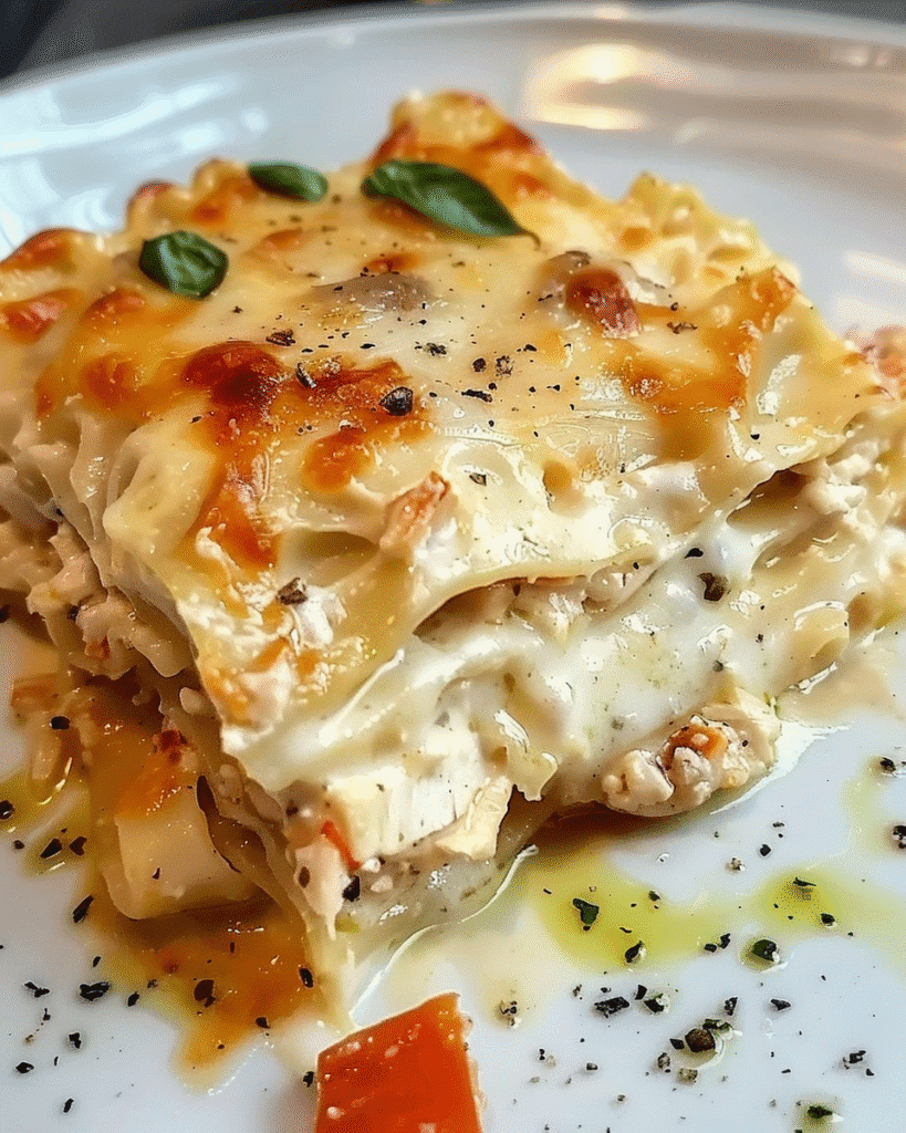 Close-up of creamy white chicken lasagna topped with melted cheese, basil leaves, and black pepper, served on a white plate with olive oil and herbs.