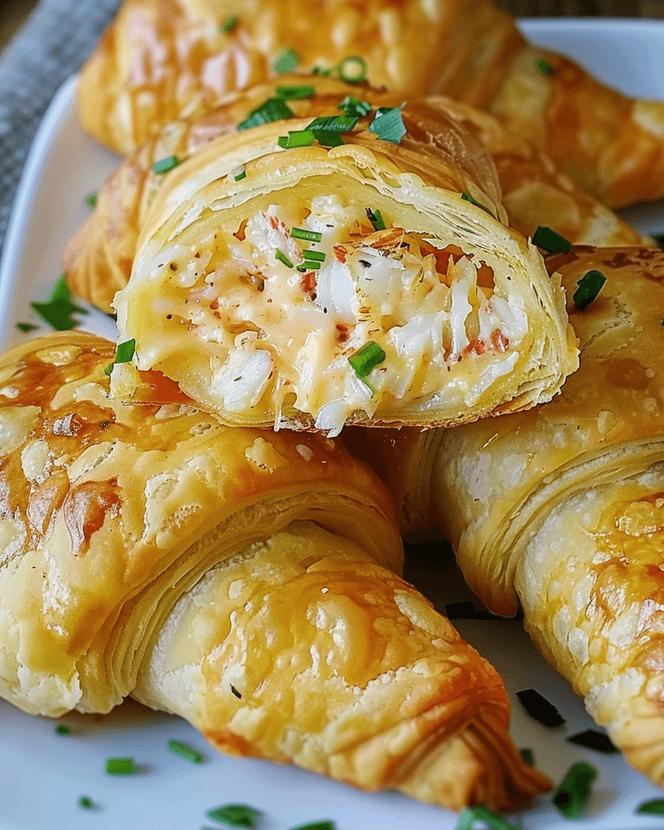 Close-up of golden, flaky crescent rolls filled with creamy crab and cheese mixture, topped with chopped herbs.