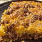 Slice of cheesy Sloppy Joe cornbread casserole featuring layers of ground beef, melted cheddar cheese, and moist cornbread on a dark plate.