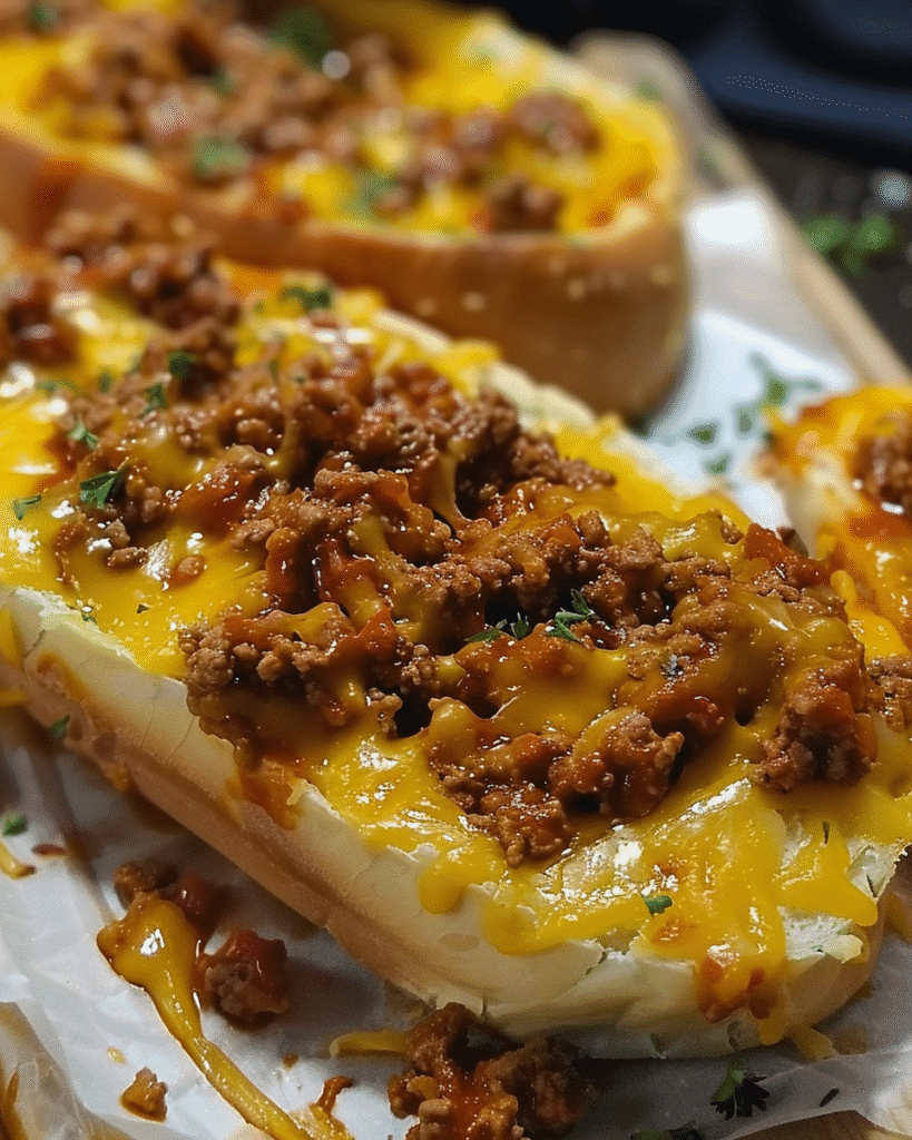 Toasted garlic bread topped with melted cheddar cheese and a saucy Sloppy Joe meat mixture.