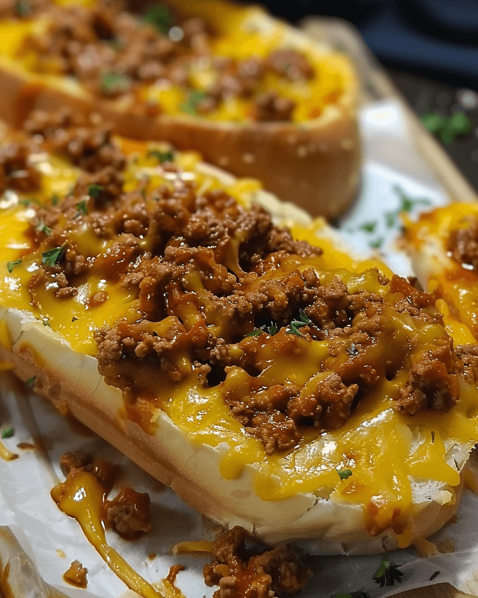 Toasted garlic bread topped with melted cheddar cheese and a saucy Sloppy Joe meat mixture.