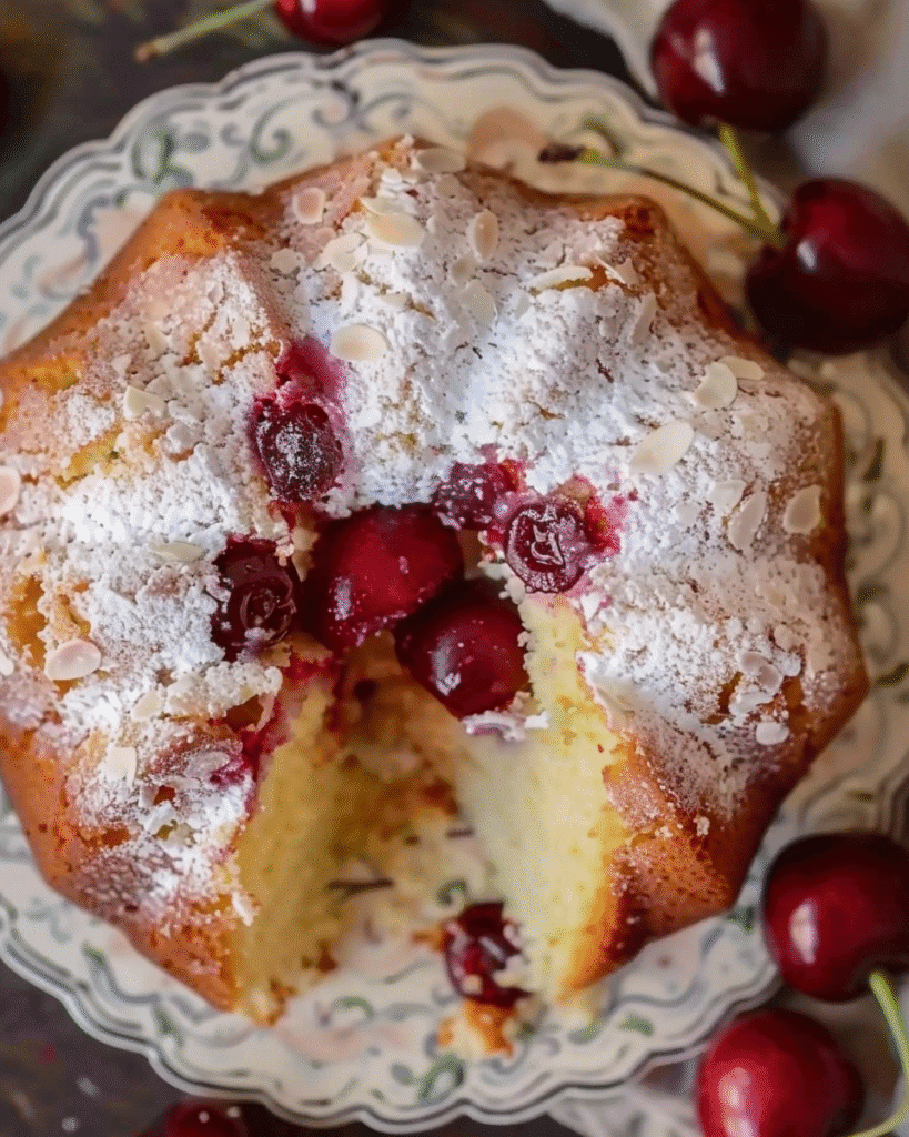 Top view of a cherry almond Bundt cake with a slice removed, showing whole cherries inside, dusted with powdered sugar and topped with sliced almonds.