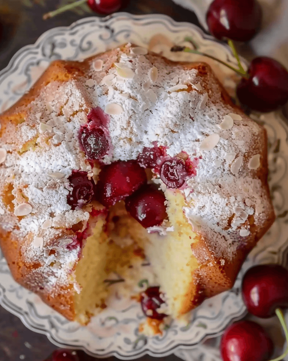 Top view of a cherry almond Bundt cake with a slice removed, showing whole cherries inside, dusted with powdered sugar and topped with sliced almonds.