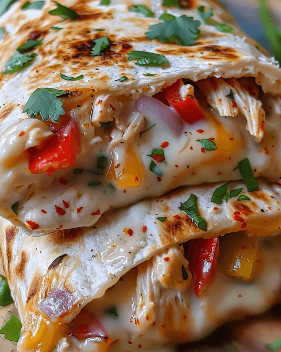Close-up of grilled burrito stuffed with shredded chicken, melted cheese, bell peppers, and creamy ranch sauce, topped with fresh herbs and chili flakes.