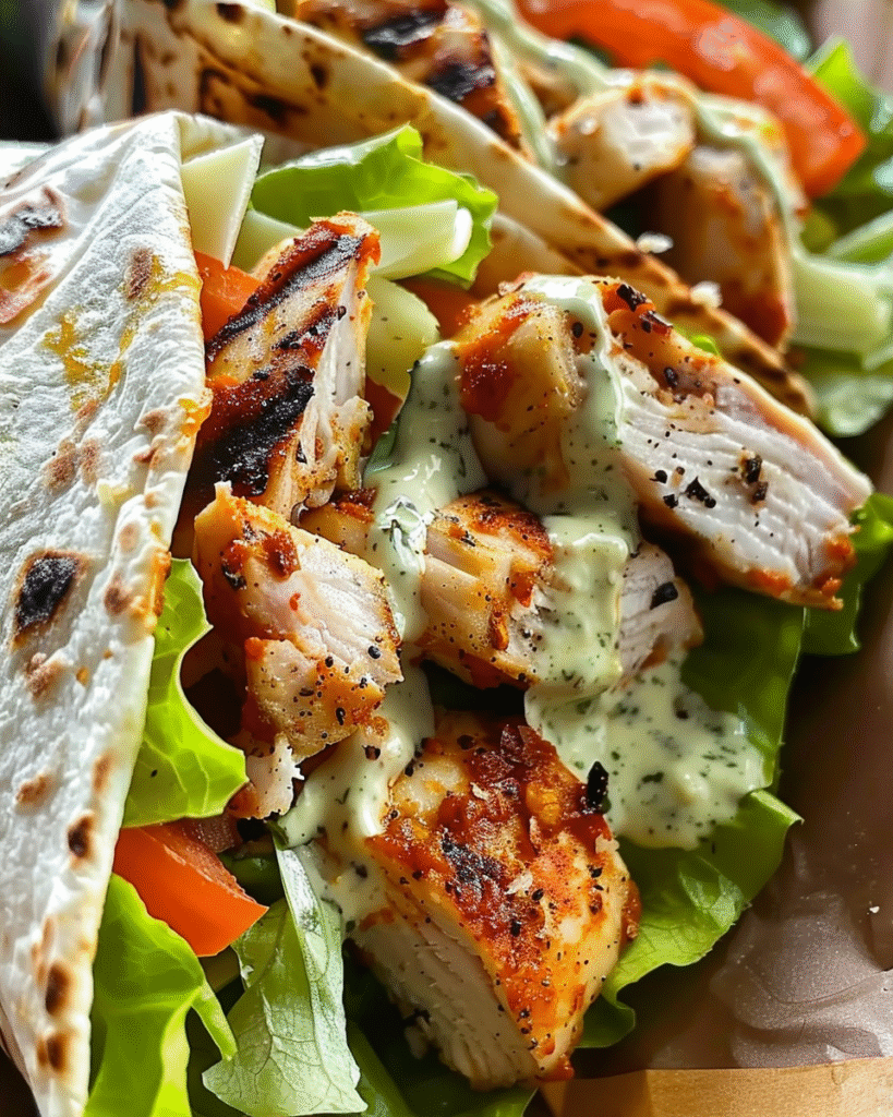 Grilled chicken Caesar salad wraps filled with romaine lettuce, sliced tomatoes, shredded cheese, and drizzled with creamy Caesar dressing in grilled flatbread.