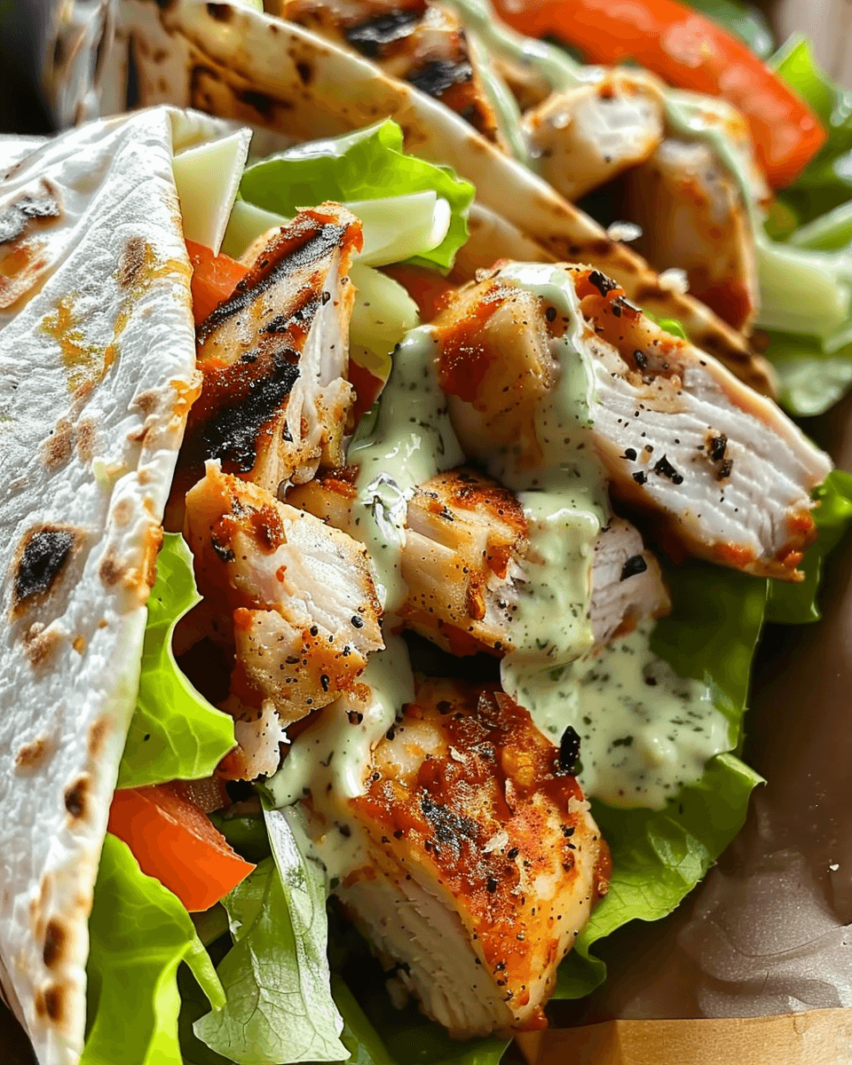 Grilled chicken Caesar salad wraps filled with romaine lettuce, sliced tomatoes, shredded cheese, and drizzled with creamy Caesar dressing in grilled flatbread.