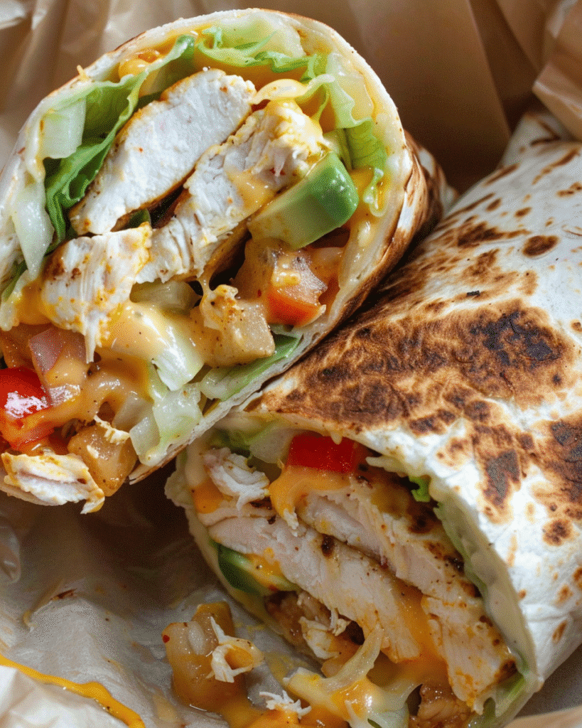 Grilled chicken burrito cut in half, filled with lettuce, sautéed peppers and onions, avocado, and melted cheese, wrapped in a toasted tortilla.