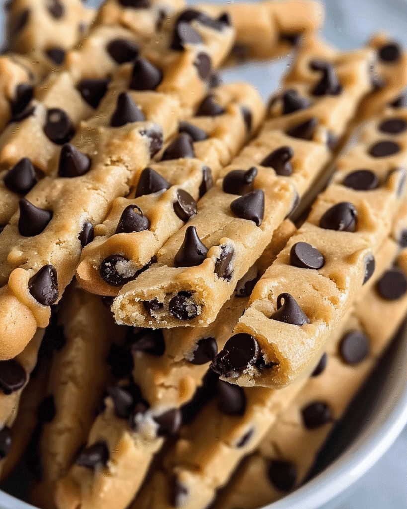 Close-up of chocolate chip cookie dough sticks with one broken open to reveal a soft, chocolate-filled center.