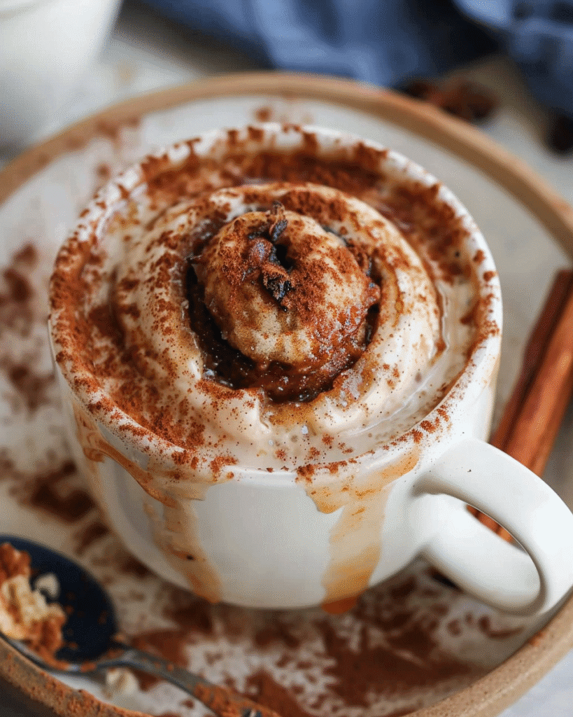 Gooey cinnamon roll mug cake with icing and cinnamon dust, served in a white mug on a rustic plate.
