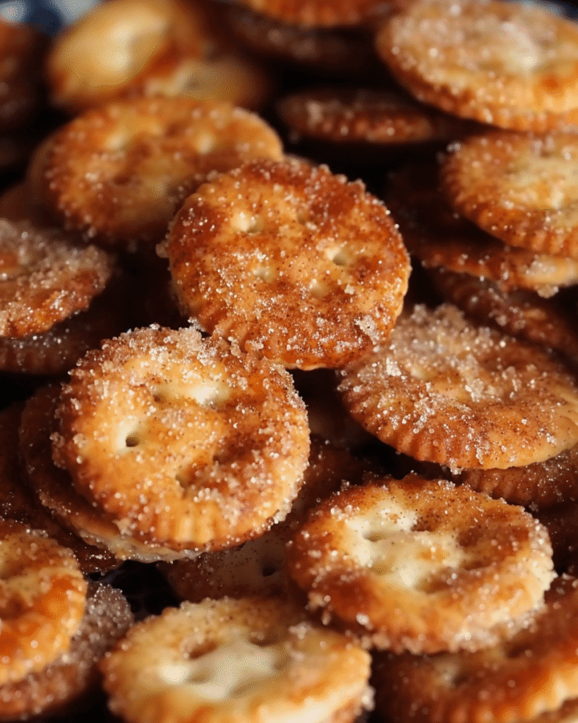 Stacked cinnamon sugar-coated Ritz cracker sandwiches with a visible creamy filling, displayed in a close-up view.