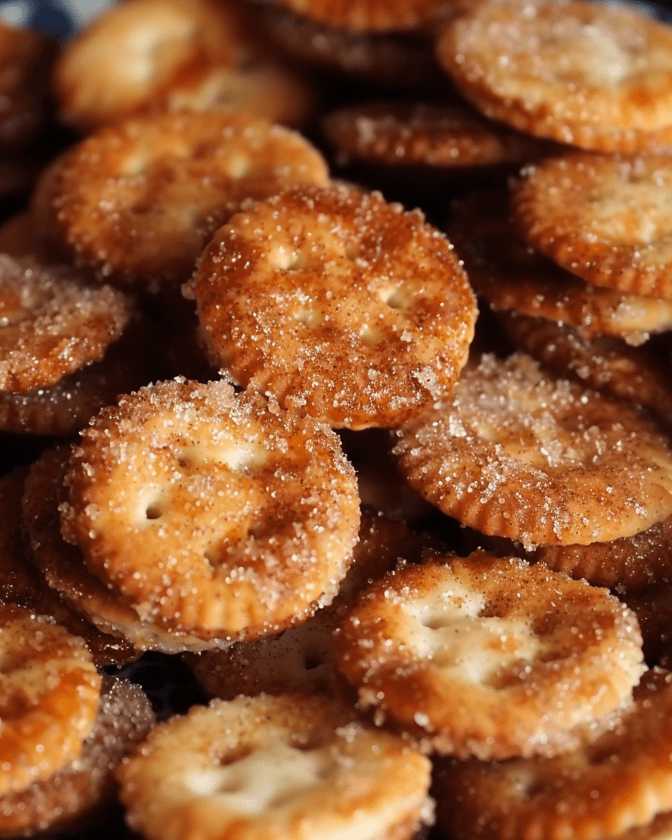 Stacked cinnamon sugar-coated Ritz cracker sandwiches with a visible creamy filling, displayed in a close-up view.