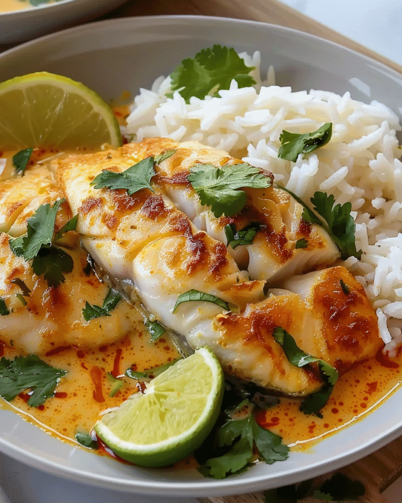 A plate of jasmine rice served with golden-seared white fish in a spicy coconut curry sauce, garnished with cilantro and lime wedges.