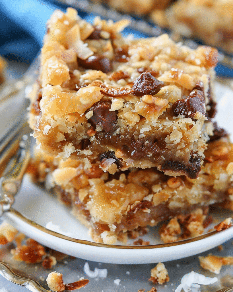 Stacked cookie bars made with chocolate chips, toasted coconut, and toffee bits on a decorative plate with scattered crumbs and coconut flakes.