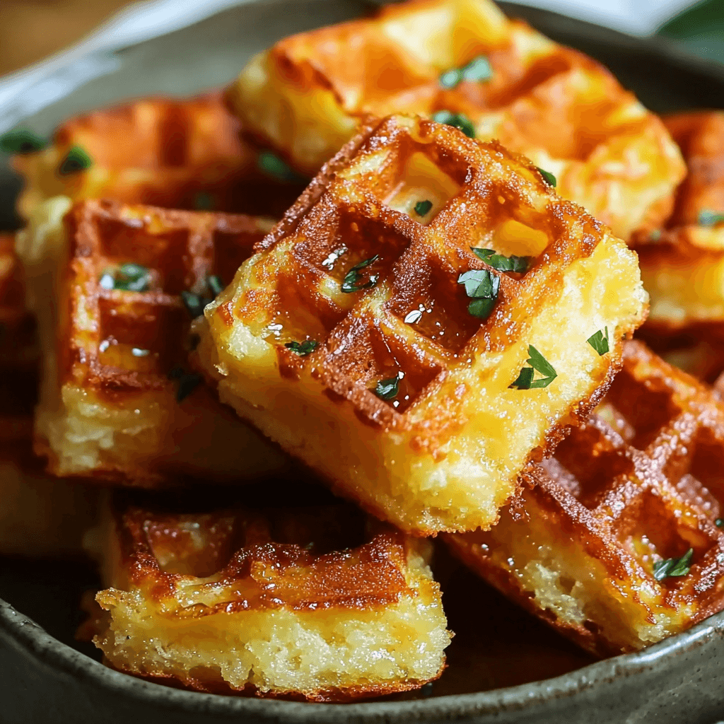 Close-up of crispy, golden cornbread waffle bites garnished with chopped herbs and lightly drizzled with honey.