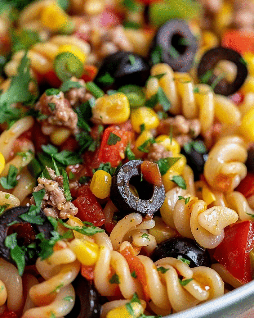 Close-up of Cowboy Pasta Salad made with spiral pasta, black olives, corn, diced tomatoes, ground meat, green onions, and fresh parsley.