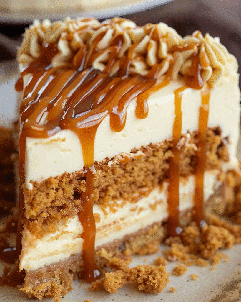Close-up of a slice of Lotus Biscoff cheesecake with creamy layers, cookie crumble crust, and rich caramel drizzle on top.
