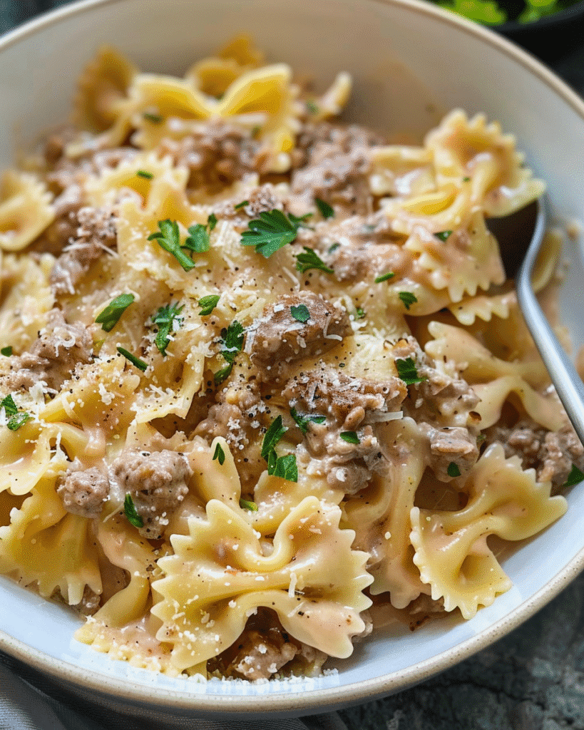 Bowl of bowtie pasta with ground beef in a creamy Parmesan garlic sauce, garnished with fresh parsley, cracked black pepper, and grated cheese.