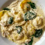 Ravioli served in a creamy Parmesan sauce with shredded chicken and wilted spinach, garnished with cracked black pepper.