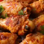 Close-up of golden-brown crispy baked chicken wings with a slightly charred skin, garnished with parsley.