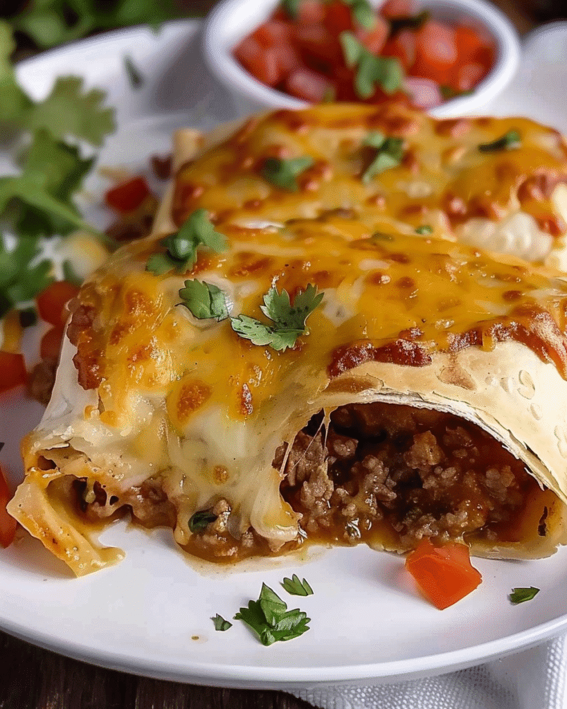 A close-up of cheesy baked beef enchiladas on a white plate, filled with seasoned ground beef and topped with melted cheddar and fresh cilantro.