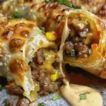 Close-up of crispy egg rolls stuffed with seasoned ground beef, melted cheese, corn, and peppers, served with a creamy dipping sauce.