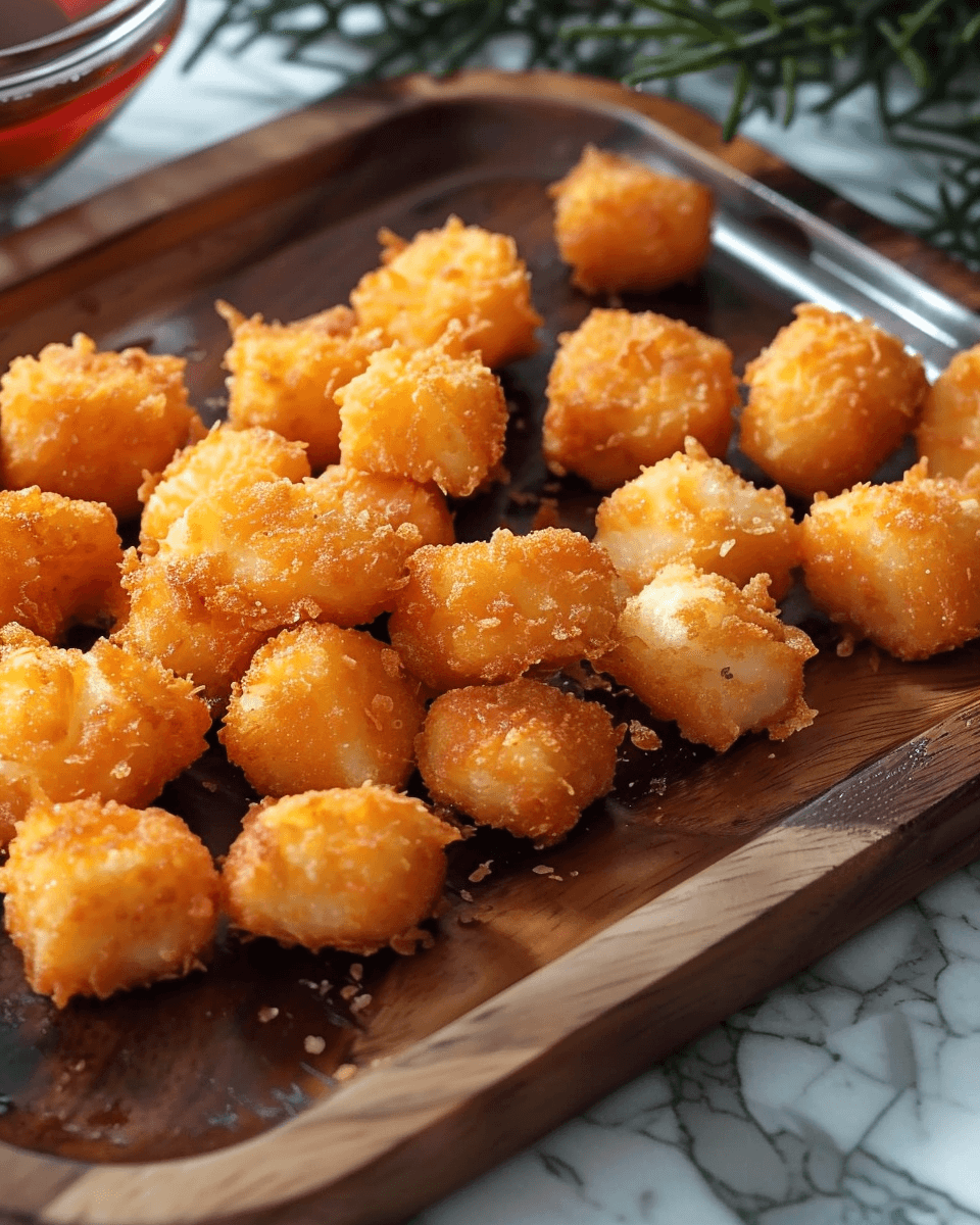 Golden-brown fried cheese bites on a wooden serving tray, with a dipping sauce and rosemary in the background.