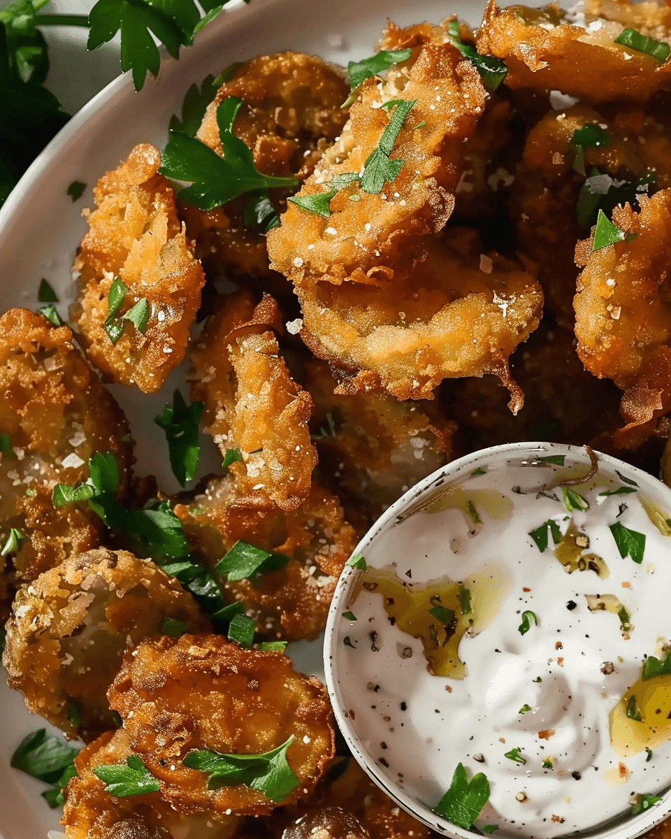 Crispy fried pickle chips garnished with parsley and coarse salt, served with a creamy herb dipping sauce in a small bowl.
