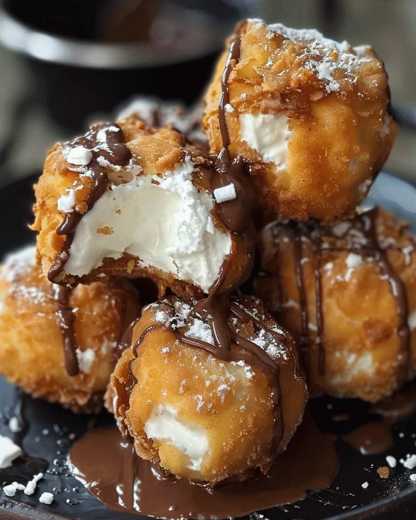 A stack of deep-fried ice cream balls with golden crusts, creamy vanilla centers, chocolate drizzle, and powdered sugar on a dark plate.