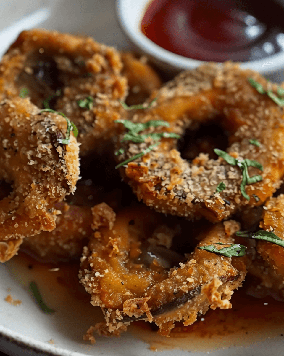 Close-up of crispy breaded mushroom rings garnished with herbs, served with a side of red dipping sauce.