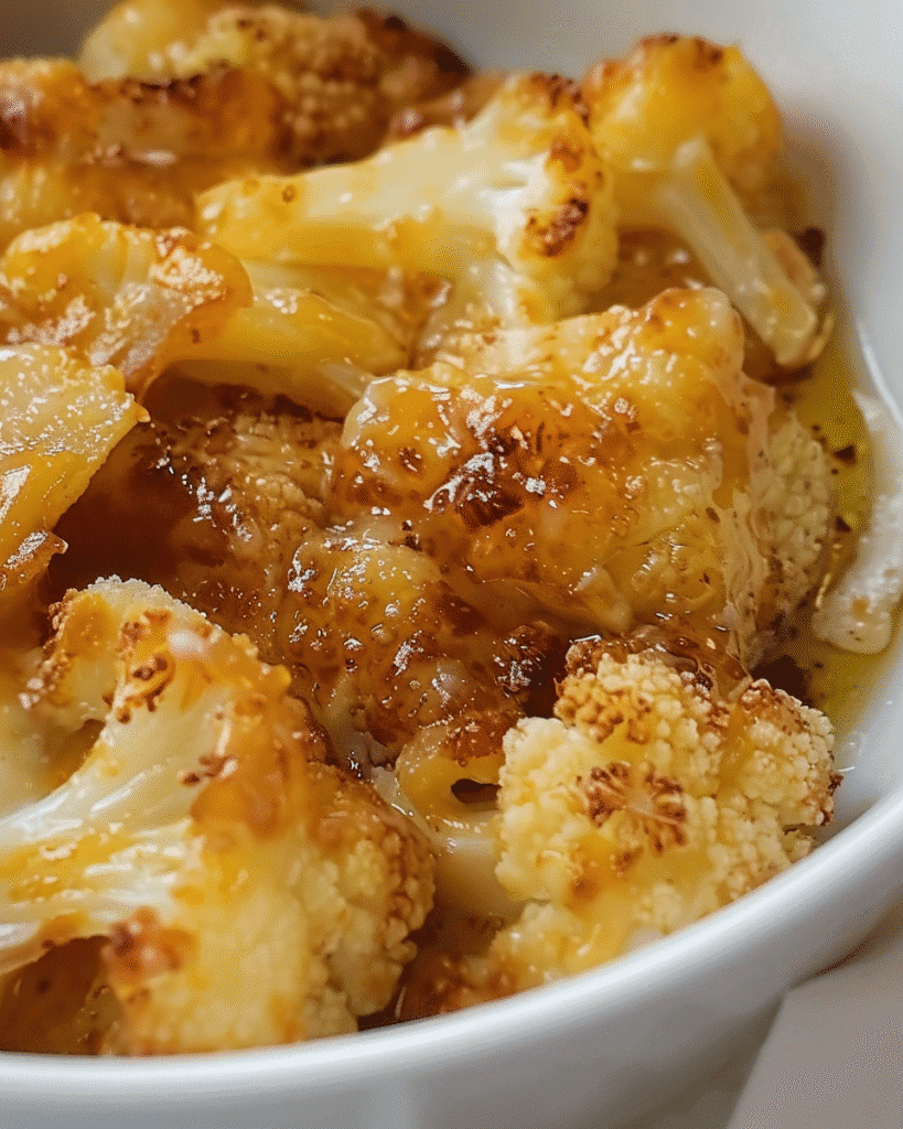 Close-up of golden roasted cauliflower with melted cheese and a glossy coating of oil in a white bowl.