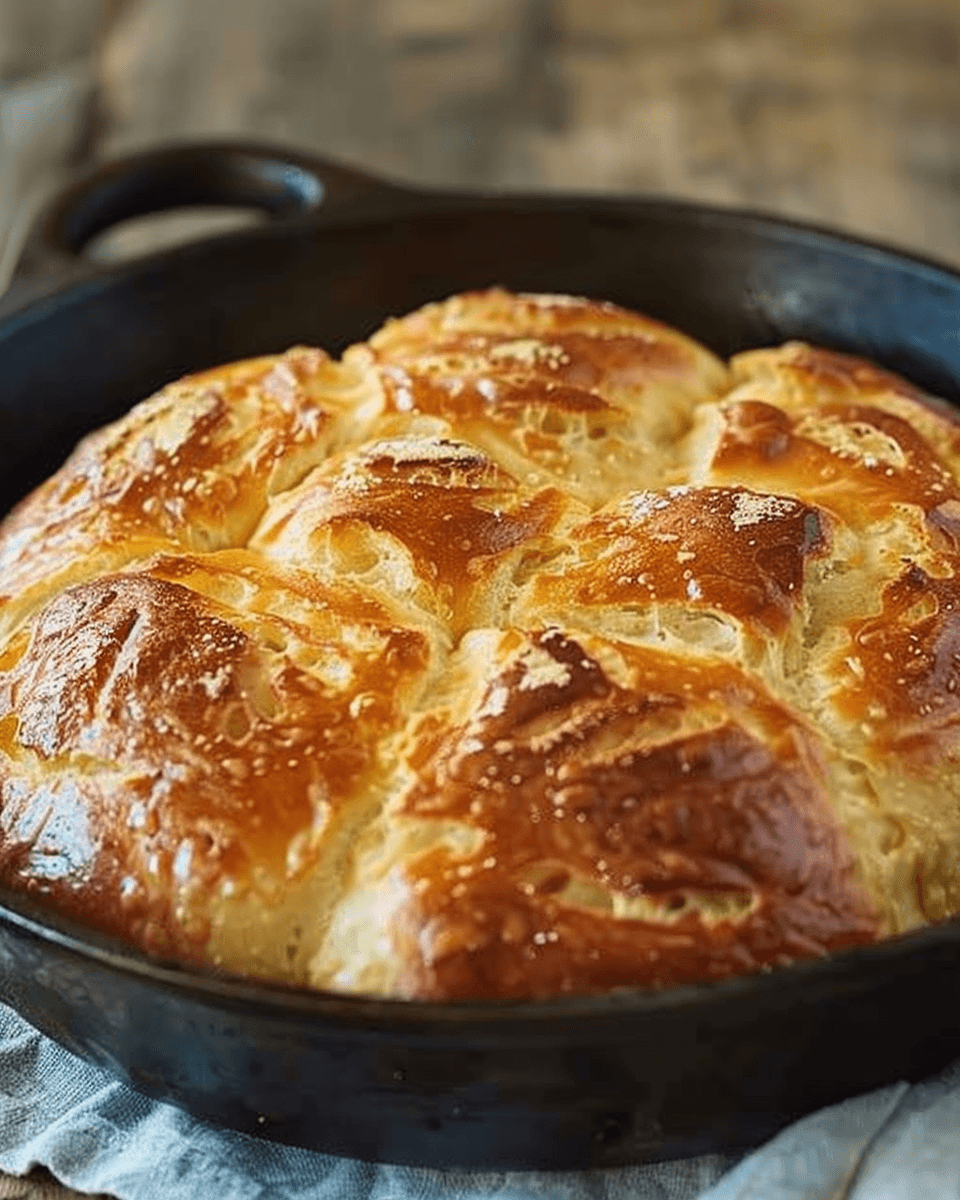 Golden, fluffy skillet bread with a shiny, crispy top, baked in a cast iron pan.