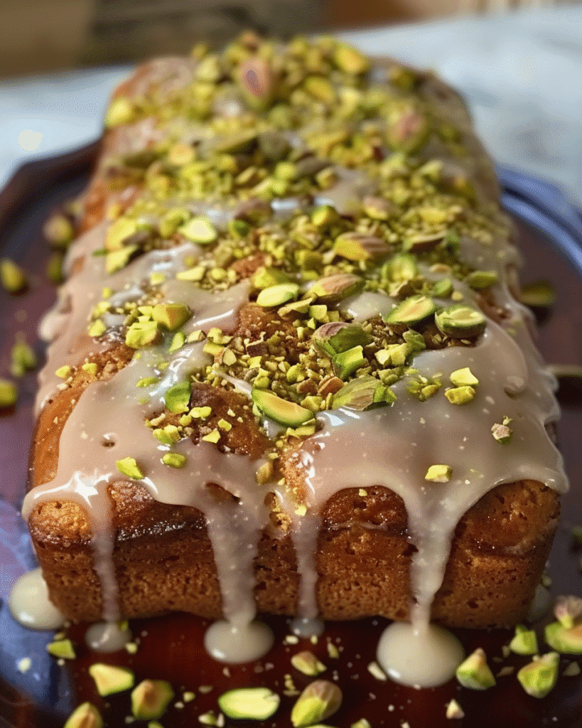 Freshly baked lemon pistachio loaf cake topped with white glaze and a generous layer of chopped pistachios.