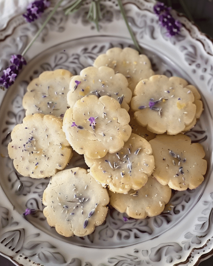 Plate of scalloped lemon lavender shortbread cookies topped with dried lavender buds and lemon zest.