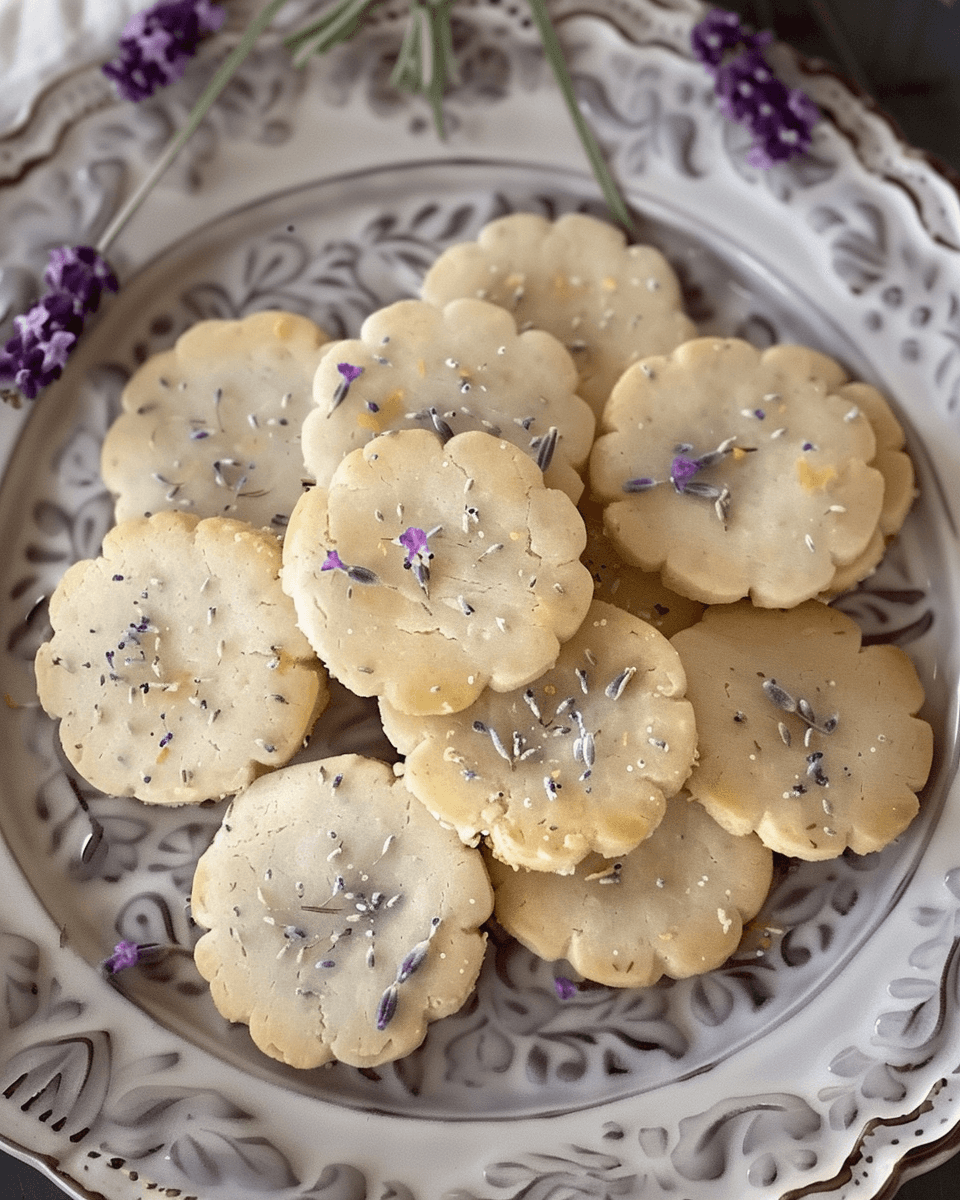 Plate of scalloped lemon lavender shortbread cookies topped with dried lavender buds and lemon zest.