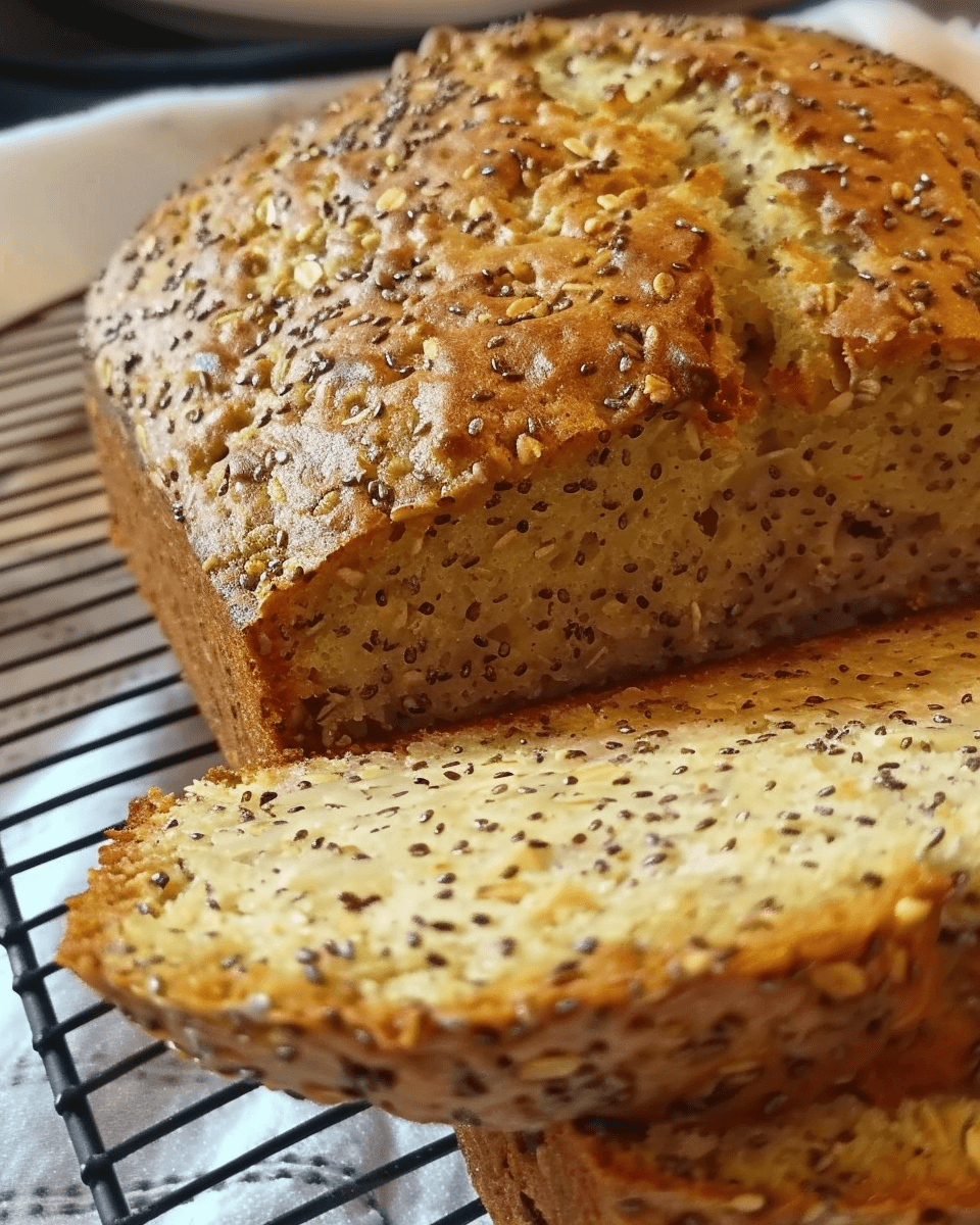 Sliced loaf of golden-brown chia seed bread resting on a cooling rack, showing a moist, fluffy interior speckled with seeds.