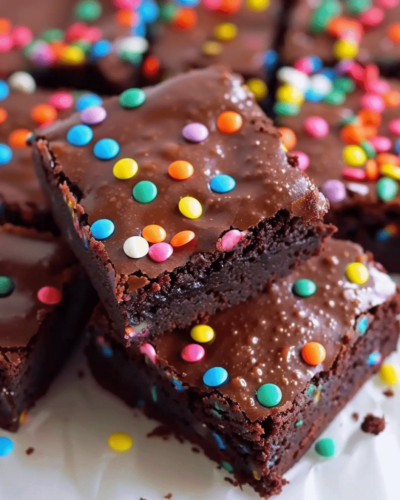 Stack of thick, fudgy chocolate brownies topped with a smooth chocolate layer and colorful round sprinkles, resting on parchment paper.