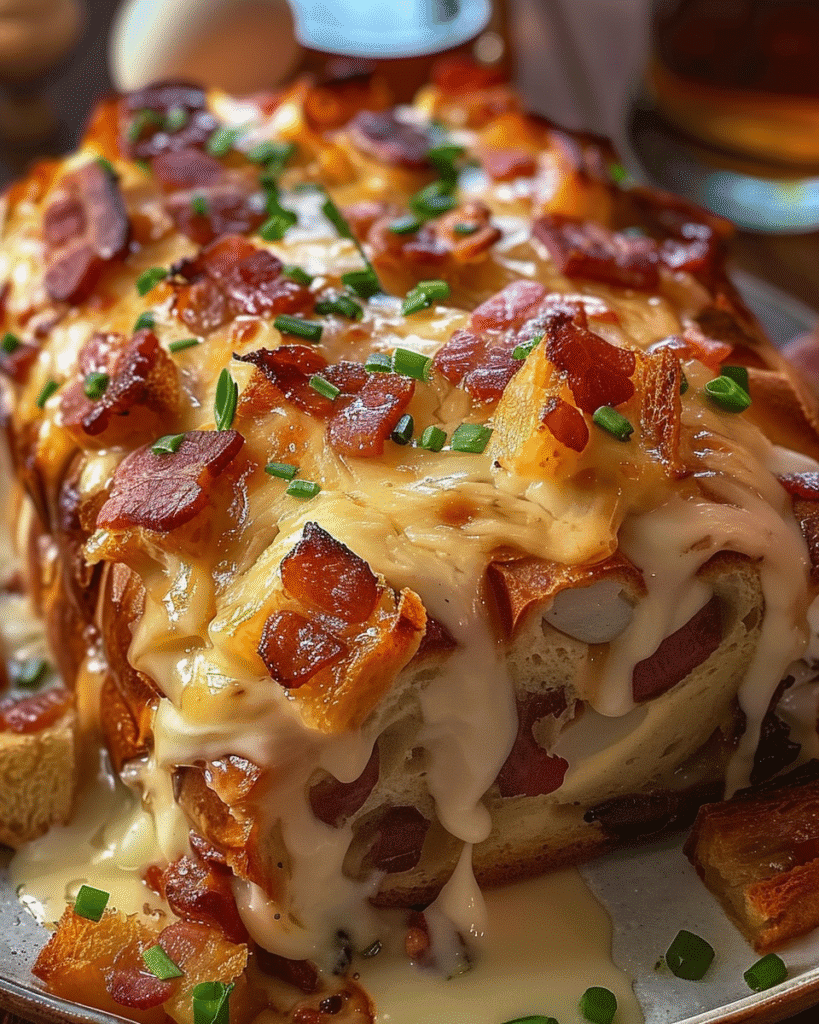 Cheesy pull-apart bread loaded with melted cheese, sun-dried tomato pieces, and chopped chives on a metal tray.