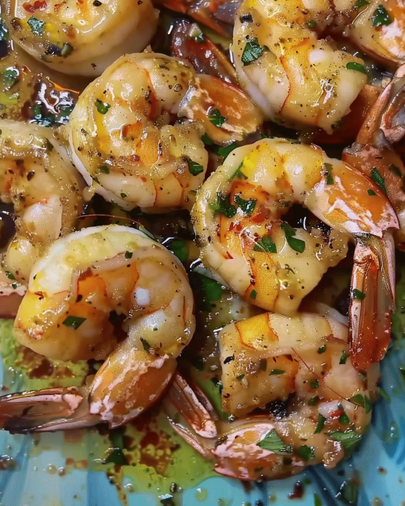 Cooked prawns in a garlic herb butter sauce, garnished with chopped parsley and cracked black pepper, served on a blue plate.