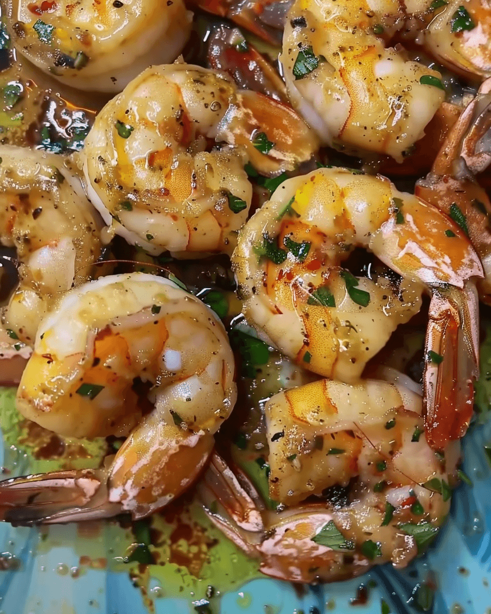 Cooked prawns in a garlic herb butter sauce, garnished with chopped parsley and cracked black pepper, served on a blue plate.