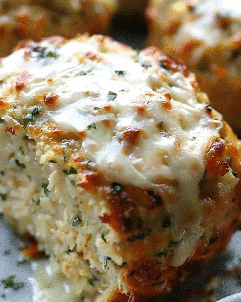 Close-up of a cheesy garlic Parmesan chicken meatloaf topped with melted mozzarella and garnished with chopped herbs.