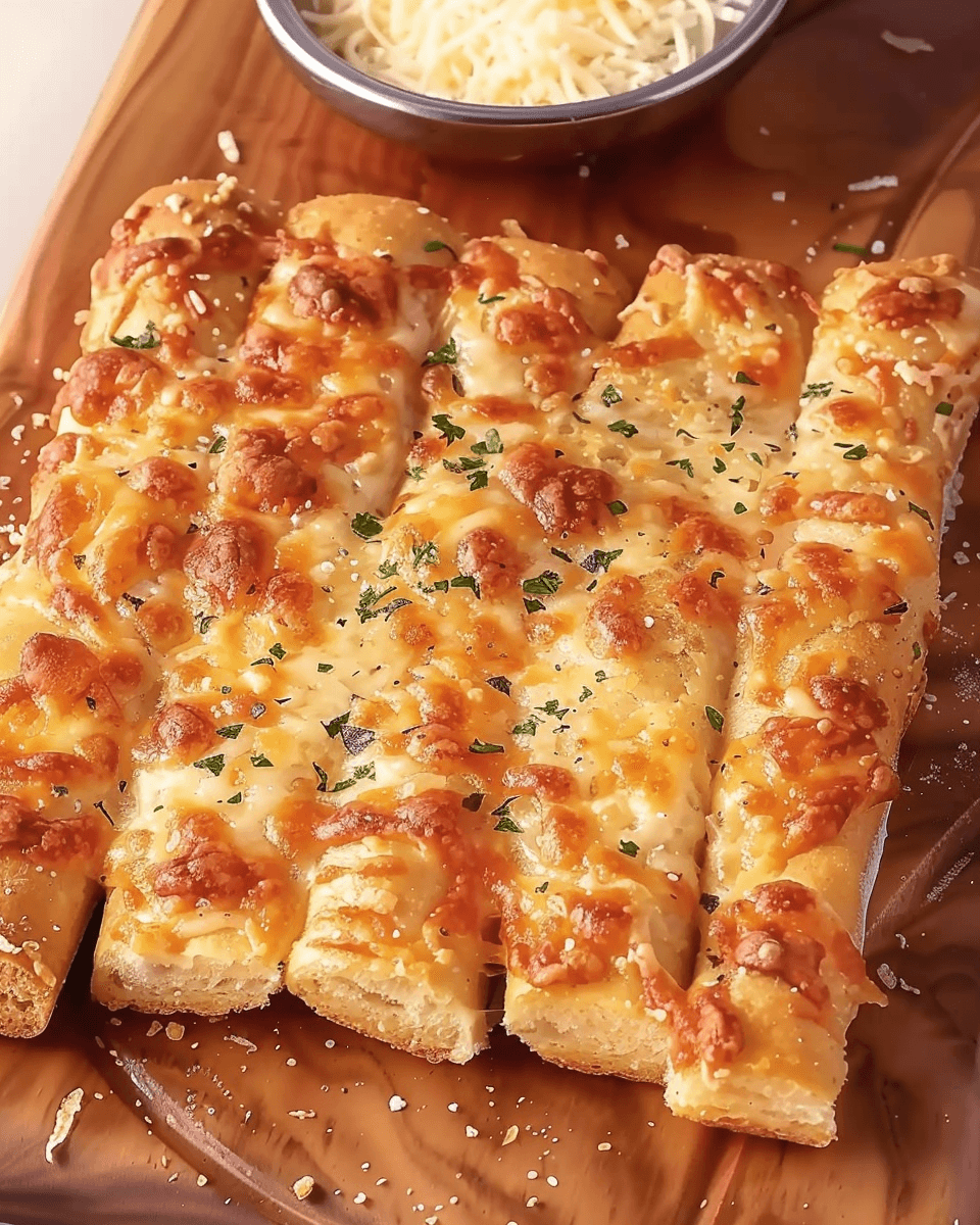Freshly baked garlic cheese breadsticks on a wooden board, topped with melted mozzarella, herbs, and a side of shredded cheese.